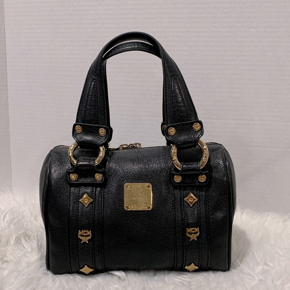 MCM Mini Boston Bag Black Grained Calf Leather with Gold Accents